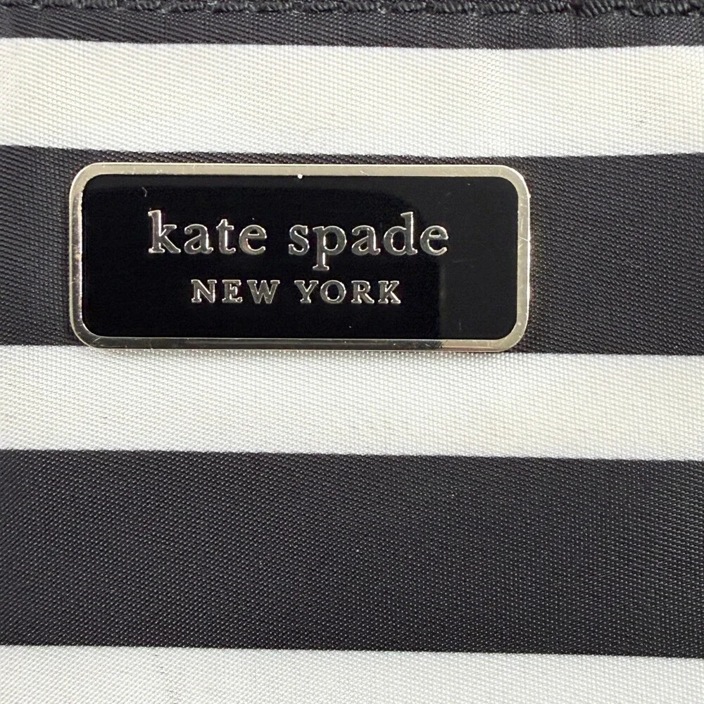 Kate Spade New York Striped Nylon Cosmetic Pouch Clutch Bag Black White Zip